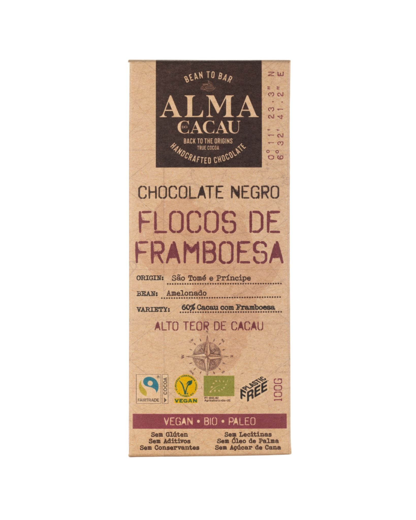 Chocolate Negro BIO 60% Cacau c/ Flocos de Framboesa Alma do Cacau 100g