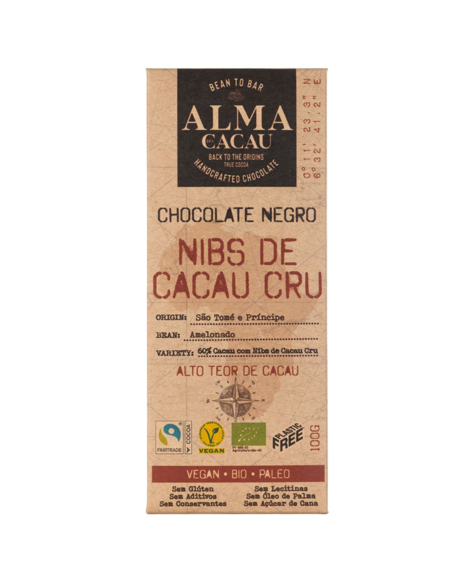 Dark Chocolate BIO 60% Cocoa w/ Raw Cocoa Nibs Alma do Cacau 100 g